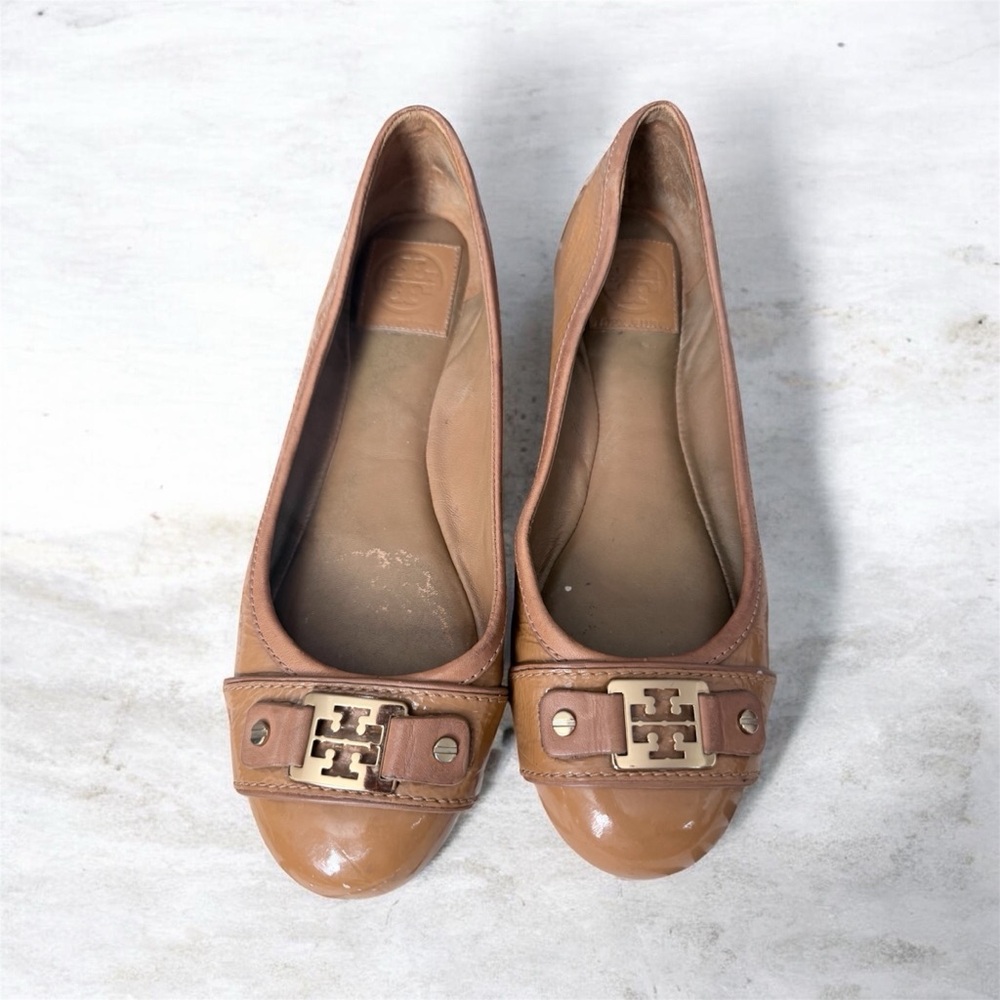 Tory Burch Cognac Leather Logo Ballet Flats
